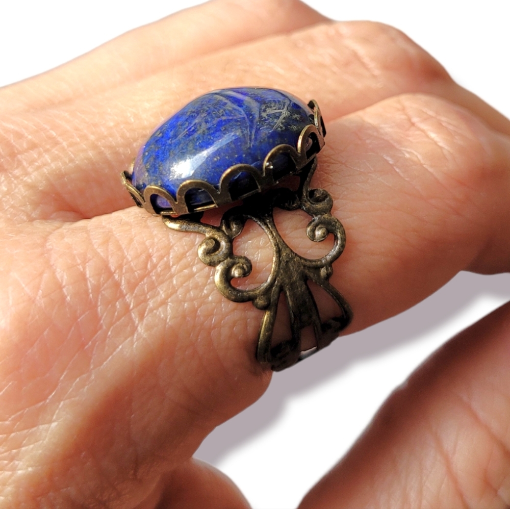 Genuine Lapis Lazuli Semi Precious Natural Stone French Copper Filigree Ring